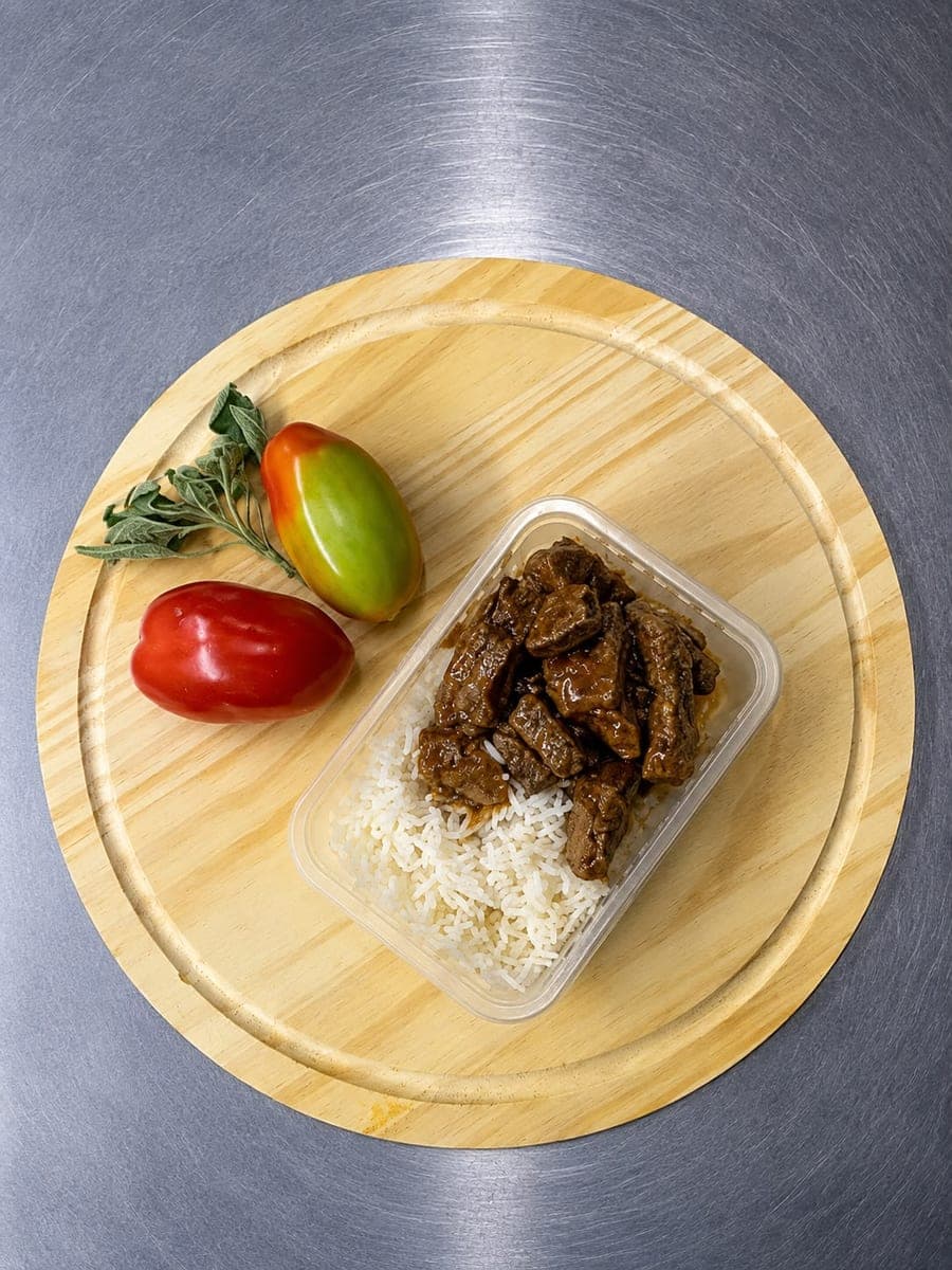 Carne em cubos com molho barbecue + arroz branco/integral